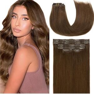 NWT Clip in HUMAN HAIR Hair Extensions 18inch Dark Brown 7PCS 110gram